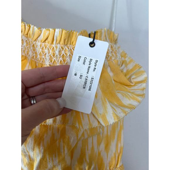 NWT Saylor Carren One-Shoulder Pull Over Smocked Ikat Cotton Mini Dress Yellow - Picture 5 of 8